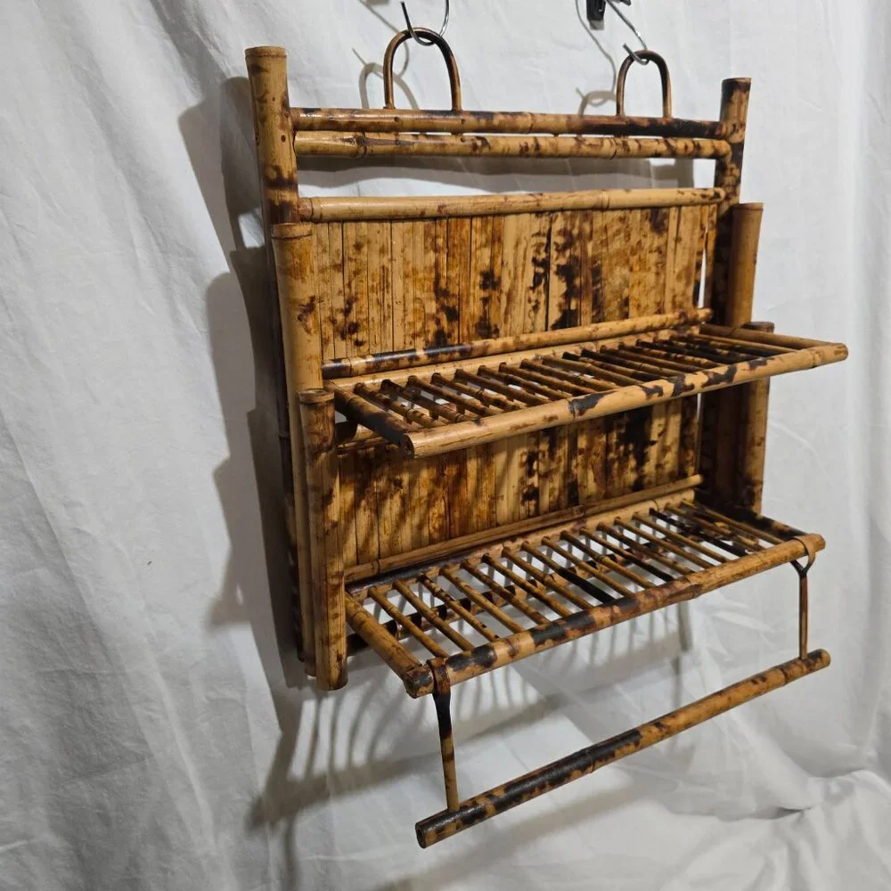 Vtg 100% Bamboo Handmade Folding Hanging Towel Vanity Shelves
